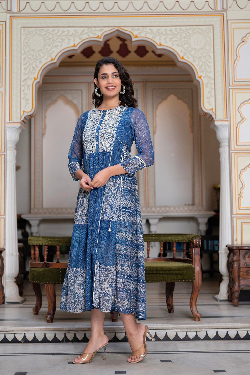 Juniper Blue Floral Embroidered Cotton Dress with Tassels & Denim Look | Grocsy