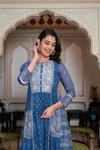 Juniper Blue Floral Embroidered Cotton Dress with Tassels & Denim Look | Grocsy