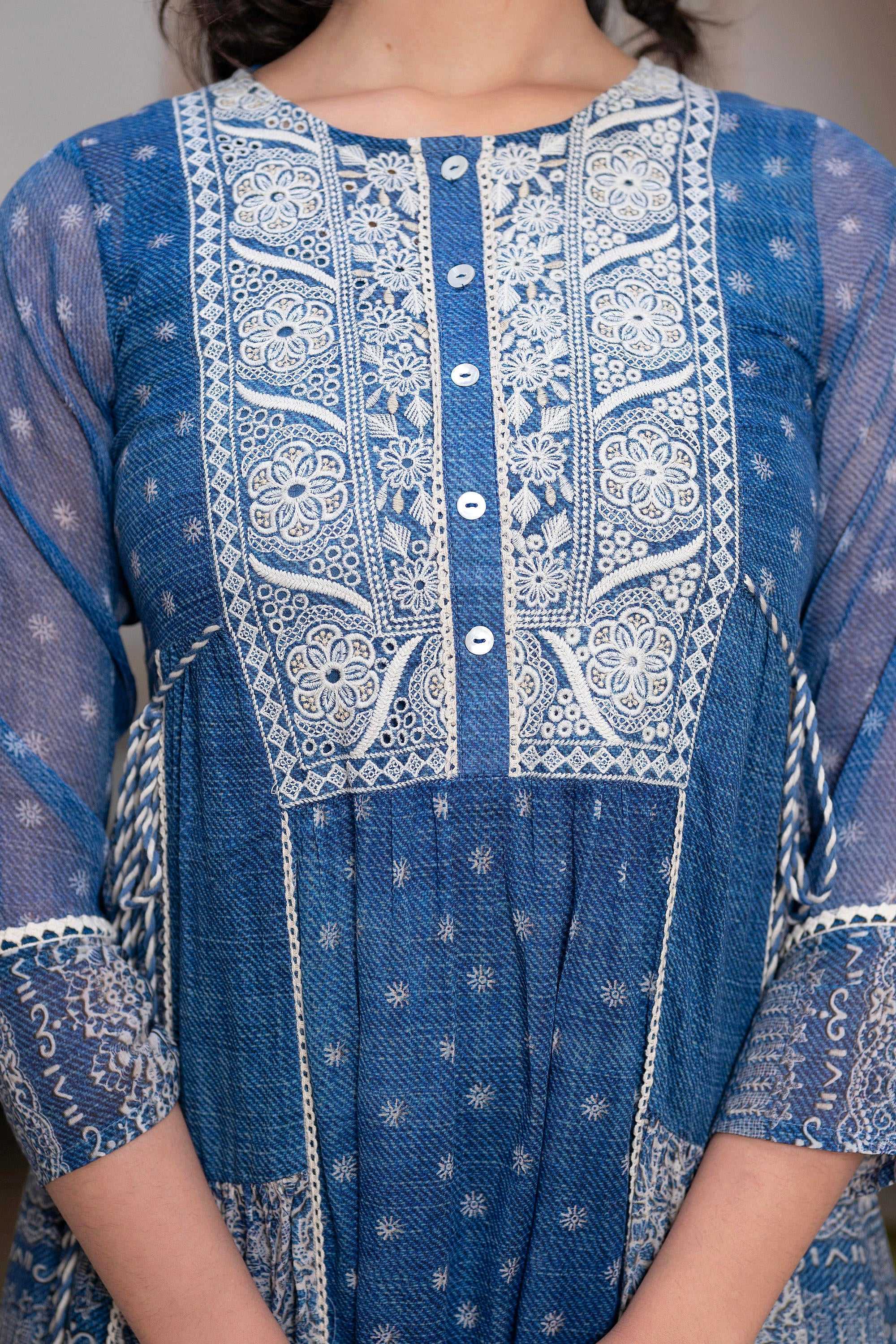 Juniper Blue Floral Embroidered Cotton Dress with Tassels & Denim Look | Grocsy