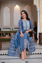 Juniper Blue Floral Embroidered Cotton Dress With Tassels & Denim Look | Grocsy