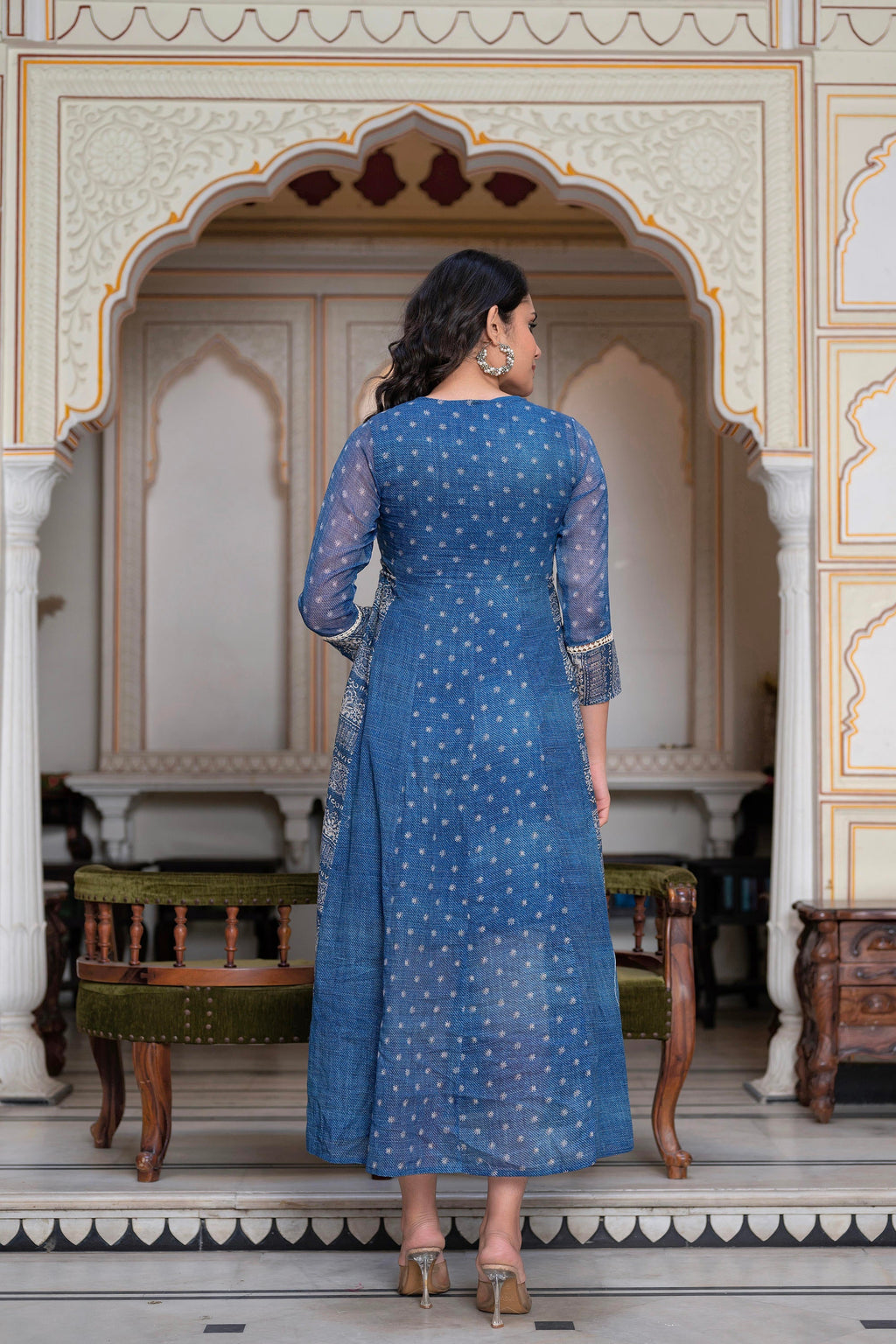 Juniper Blue Floral Embroidered Cotton Dress with Tassels & Denim Look | Grocsy