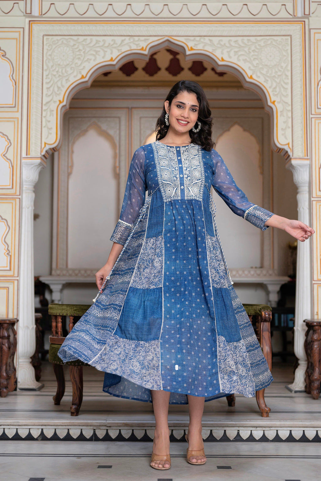 Juniper Blue Floral Embroidered Cotton Dress with Tassels & Denim Look | Grocsy