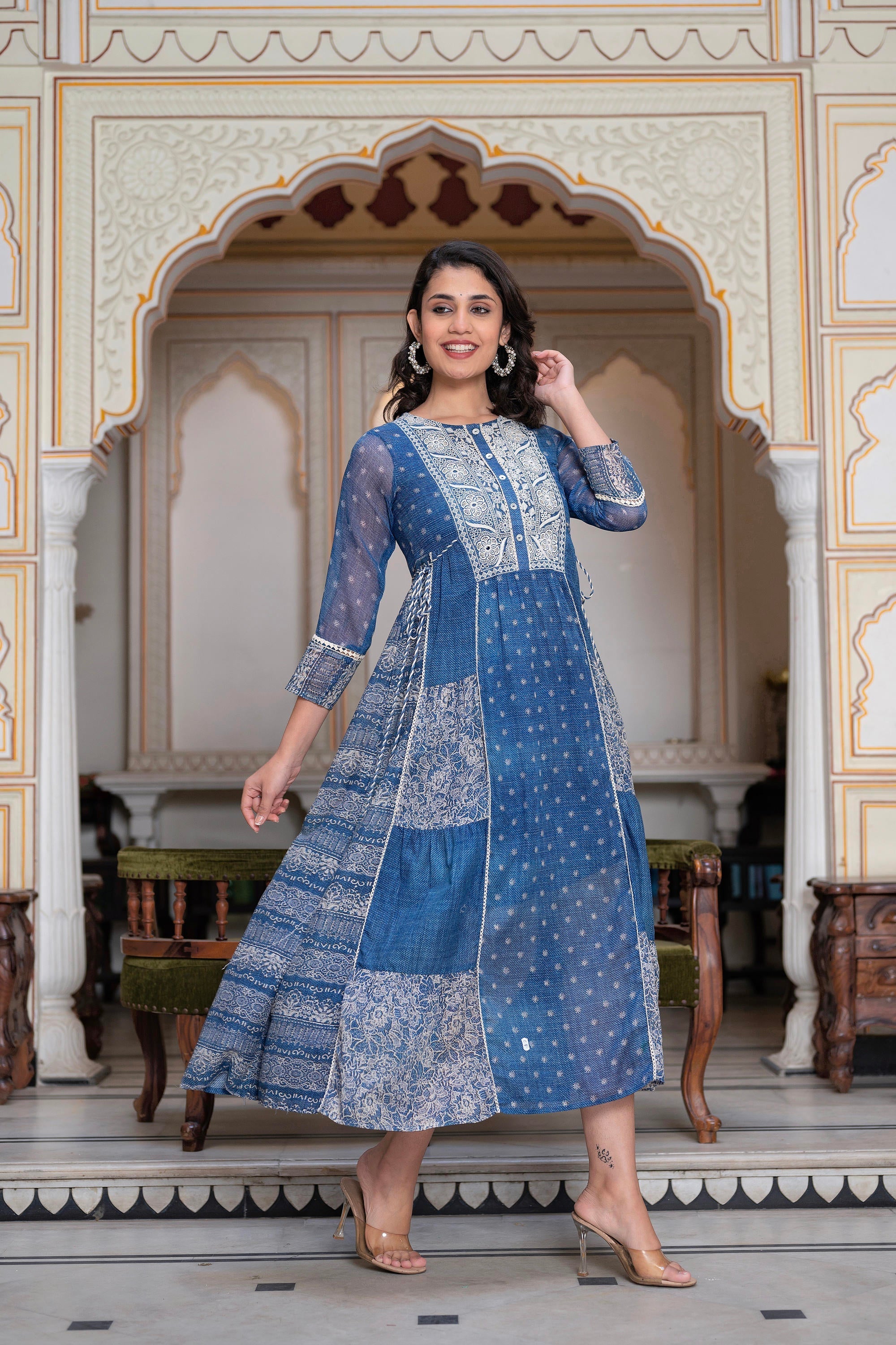 Juniper Blue Floral Embroidered Cotton Dress with Tassels & Denim Look | Grocsy