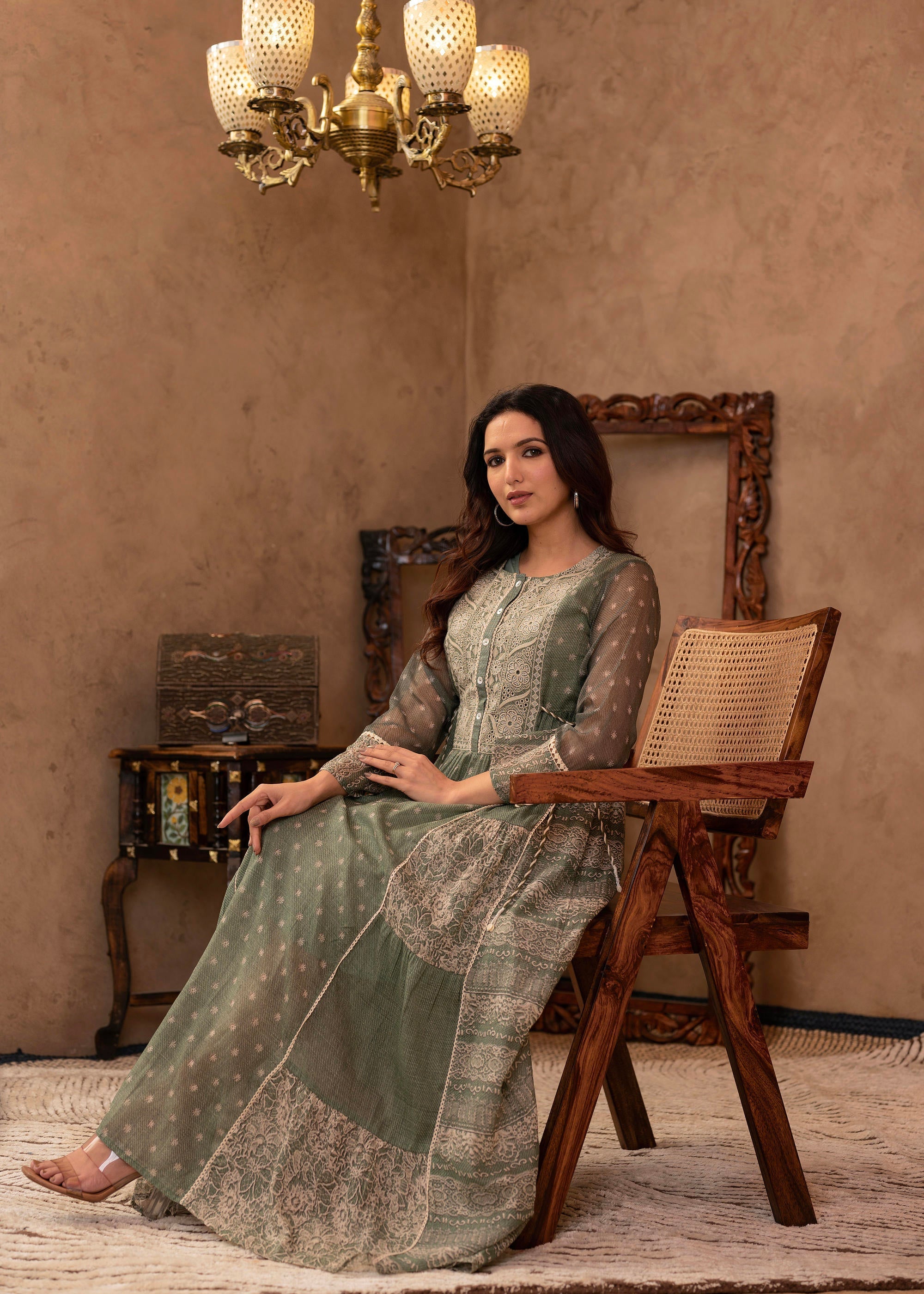 Juniper Green Floral Embroidered Cotton Dress with Tassels & Denim Look | Grocsy