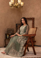 Juniper Green Floral Embroidered Cotton Dress With Tassels & Denim Look | Grocsy