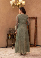 Juniper Green Floral Embroidered Cotton Dress with Tassels & Denim Look | Grocsy