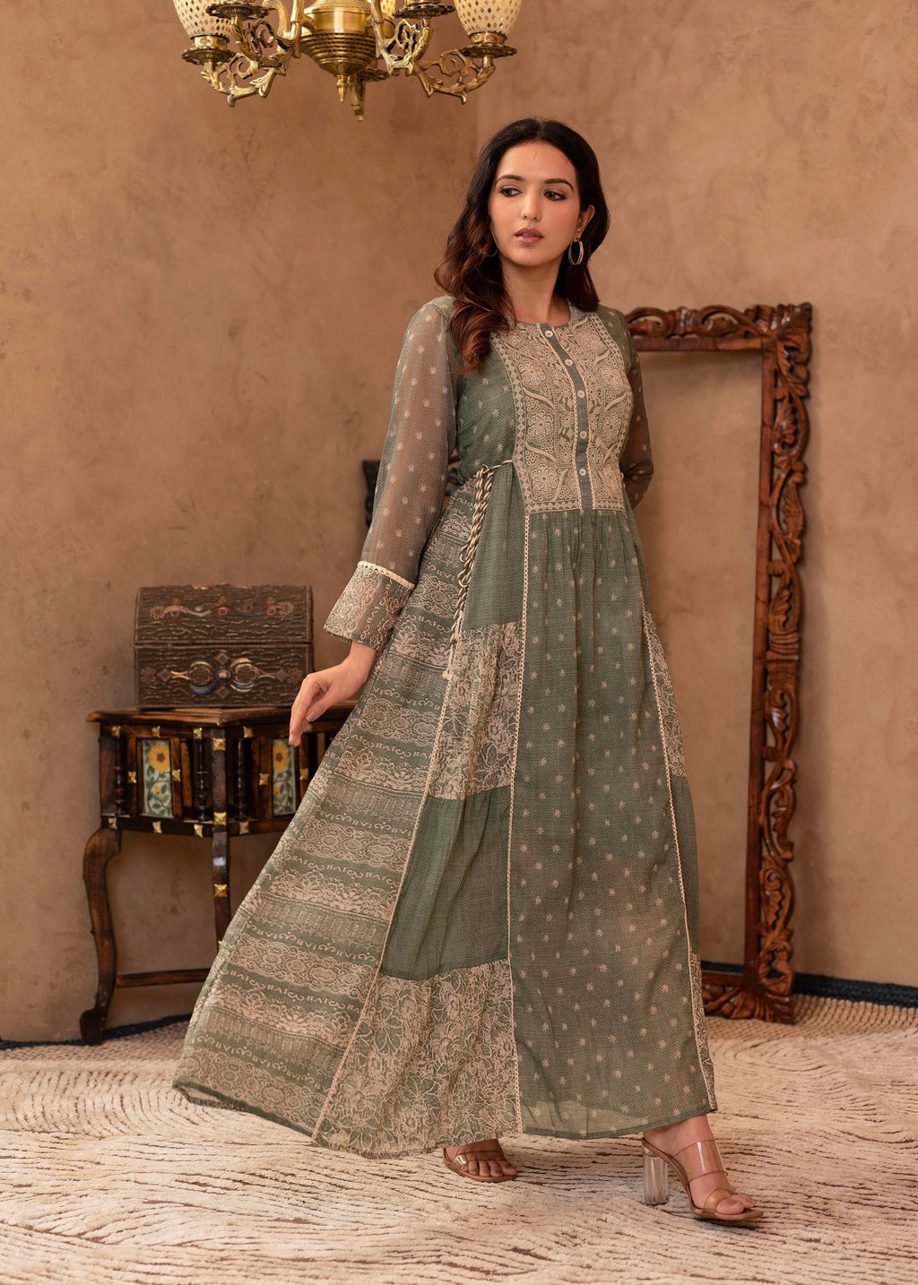 Juniper Green Floral Embroidered Cotton Dress with Tassels & Denim Look | Grocsy