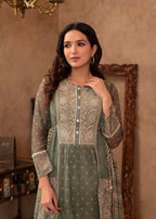 Juniper Green Floral Embroidered Cotton Dress With Tassels & Denim Look | Grocsy