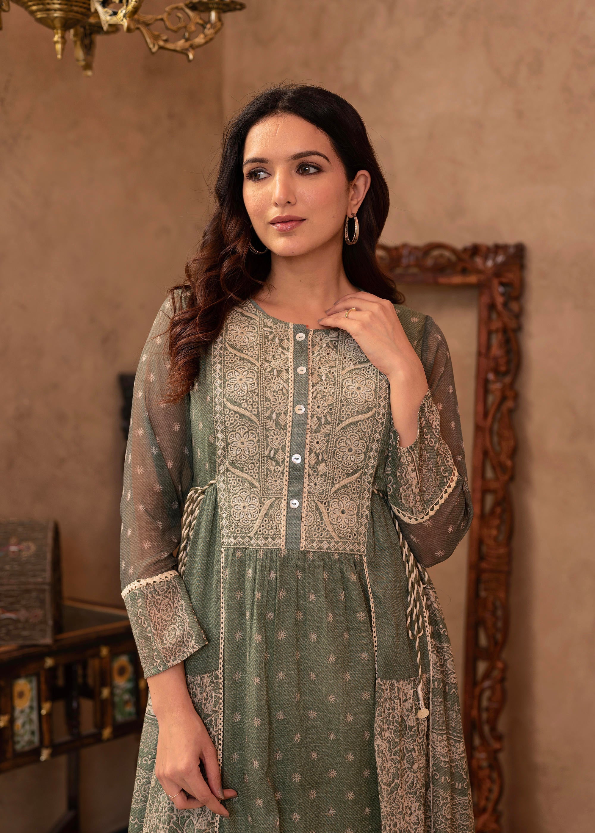 Juniper Green Floral Embroidered Cotton Dress With Tassels & Denim Look | Grocsy
