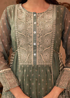 Juniper Green Floral Embroidered Cotton Dress with Tassels & Denim Look | Grocsy