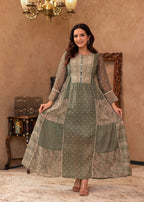 Juniper Green Floral Embroidered Cotton Dress with Tassels & Denim Look | Grocsy