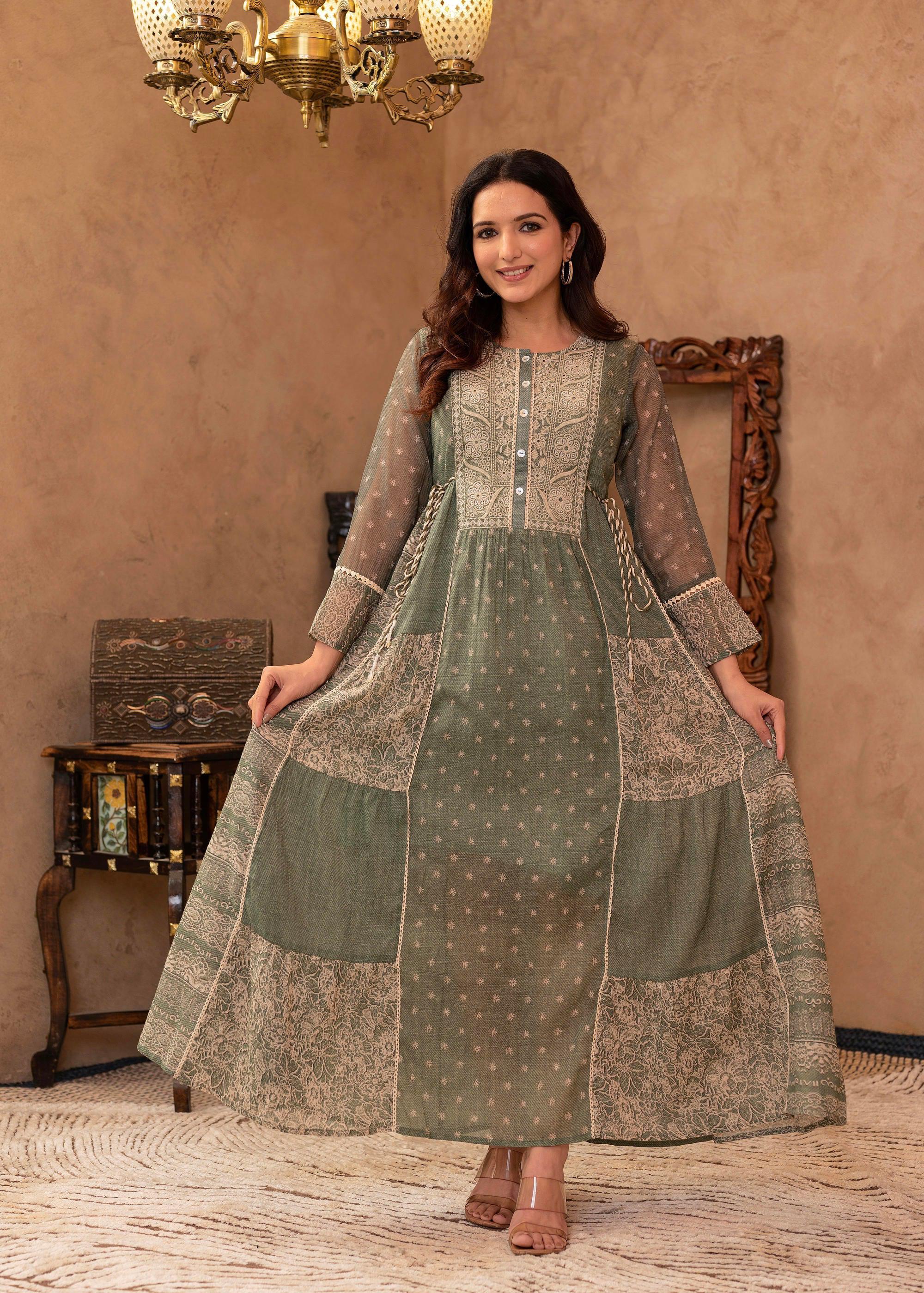 Juniper Green Floral Embroidered Cotton Dress with Tassels & Denim Look | Grocsy