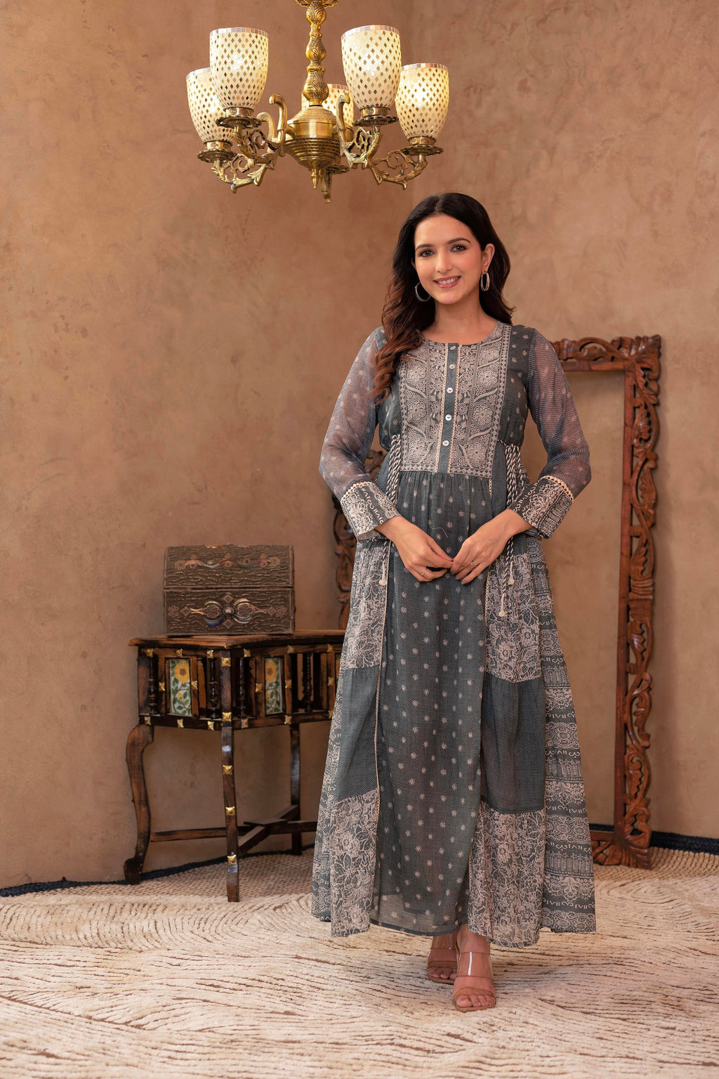 Juniper Grey Floral Embroidered Cotton Dress With Tassels & Denim Look | Grocsy