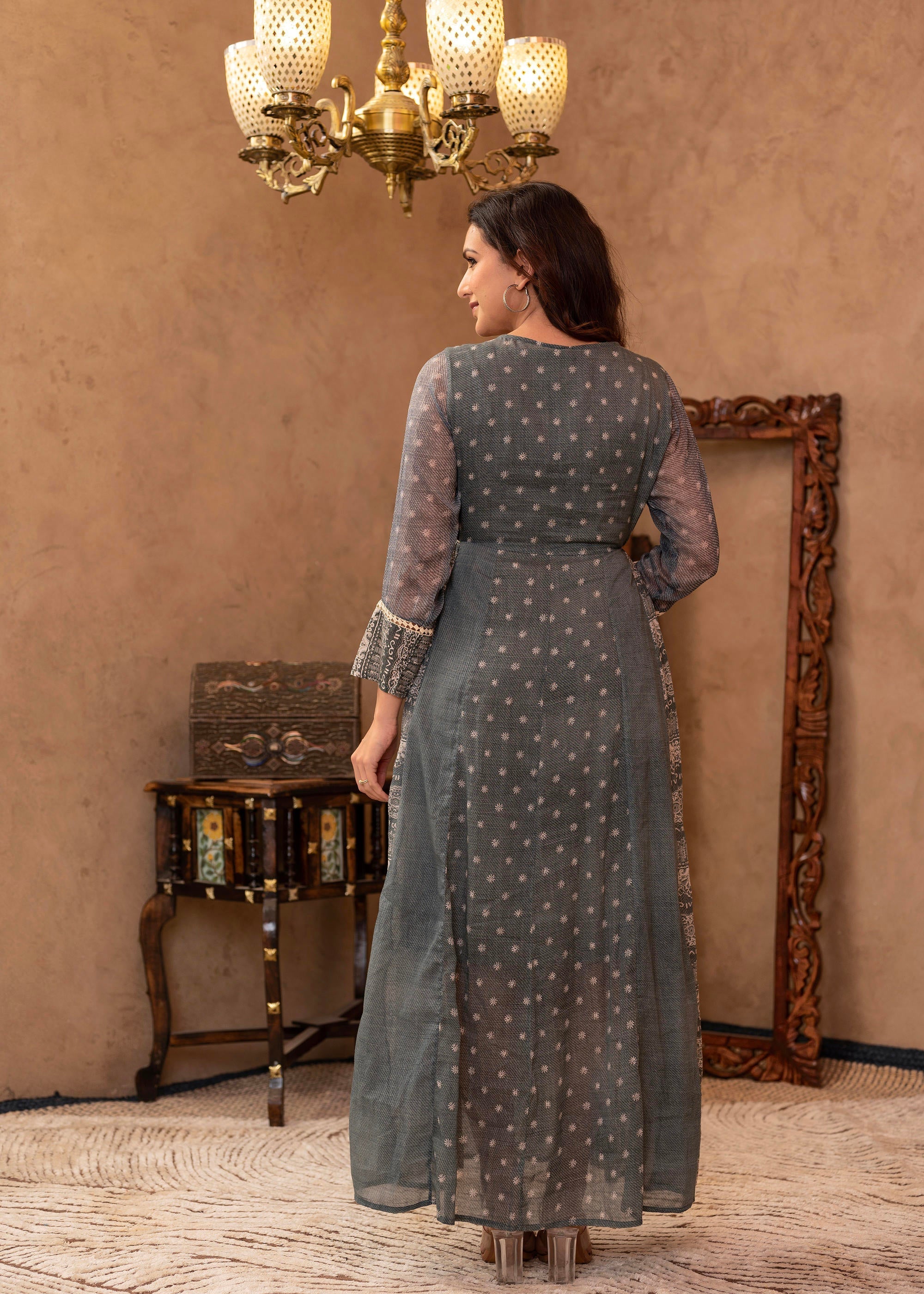 Juniper Grey Floral Embroidered Cotton Dress with Tassels & Denim Look | Grocsy