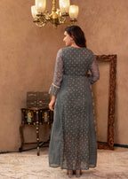 Juniper Grey Floral Embroidered Cotton Dress With Tassels & Denim Look | Grocsy