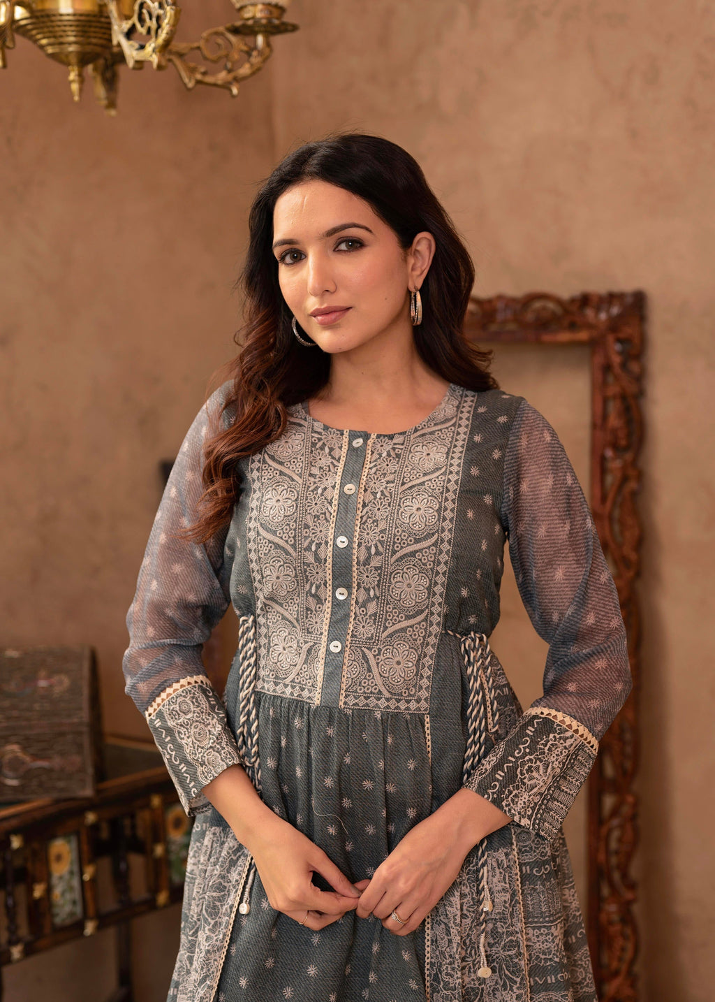 Juniper Grey Floral Embroidered Cotton Dress With Tassels & Denim Look | Grocsy