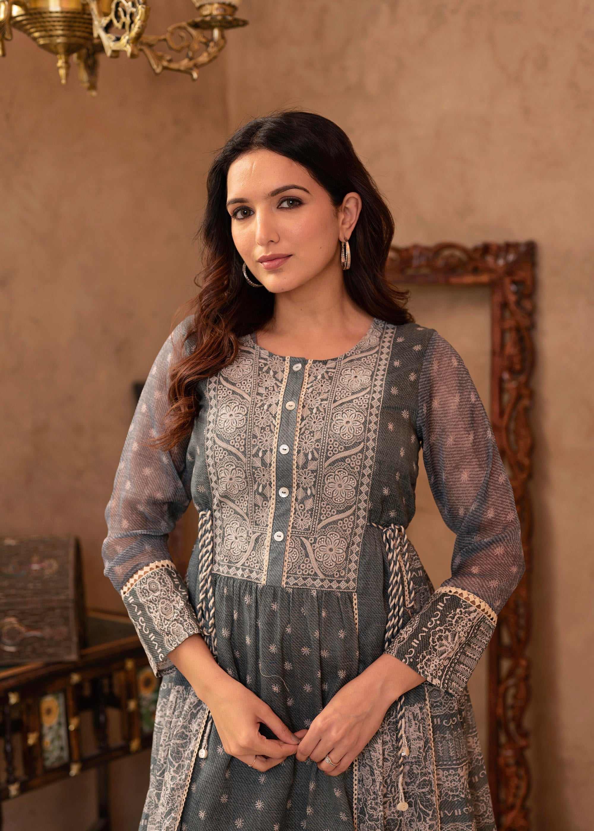 Juniper Grey Floral Embroidered Cotton Dress With Tassels & Denim Look | Grocsy