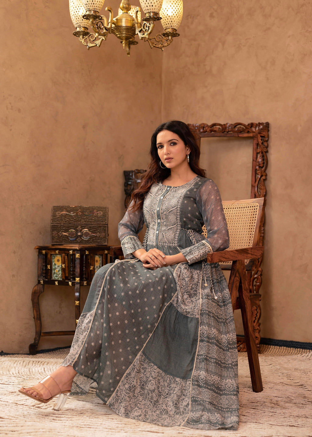 Juniper Grey Floral Embroidered Cotton Dress with Tassels & Denim Look | Grocsy