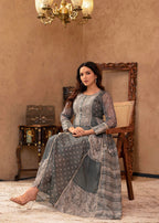 Juniper Grey Floral Embroidered Cotton Dress with Tassels & Denim Look | Grocsy
