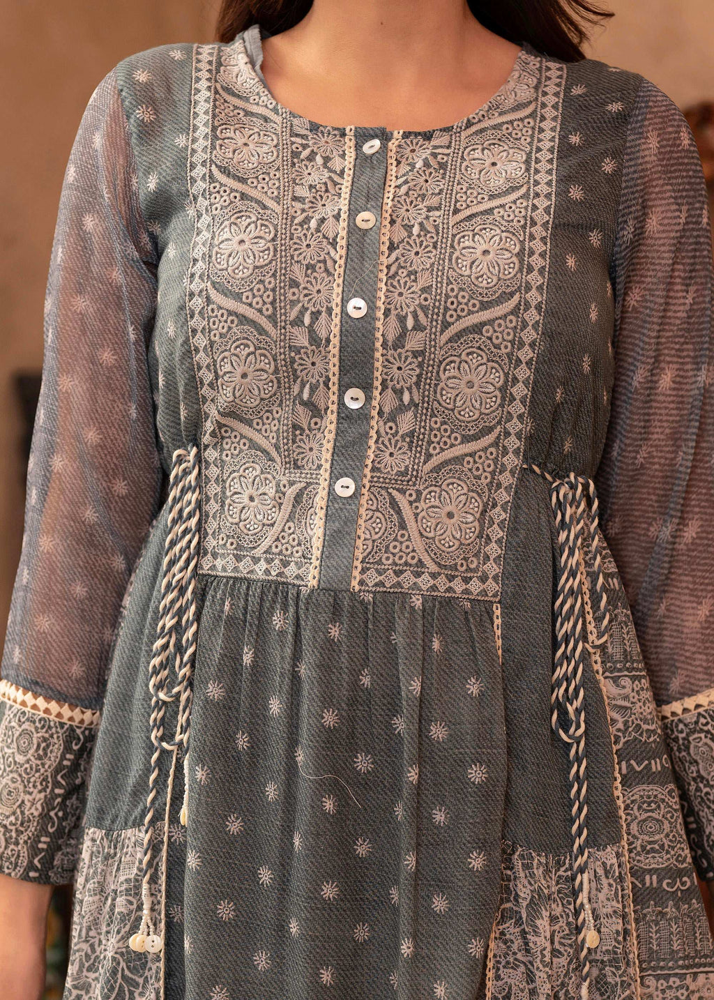 Juniper Grey Floral Embroidered Cotton Dress with Tassels & Denim Look | Grocsy