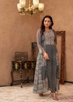 Juniper Grey Floral Embroidered Cotton Dress with Tassels & Denim Look | Grocsy