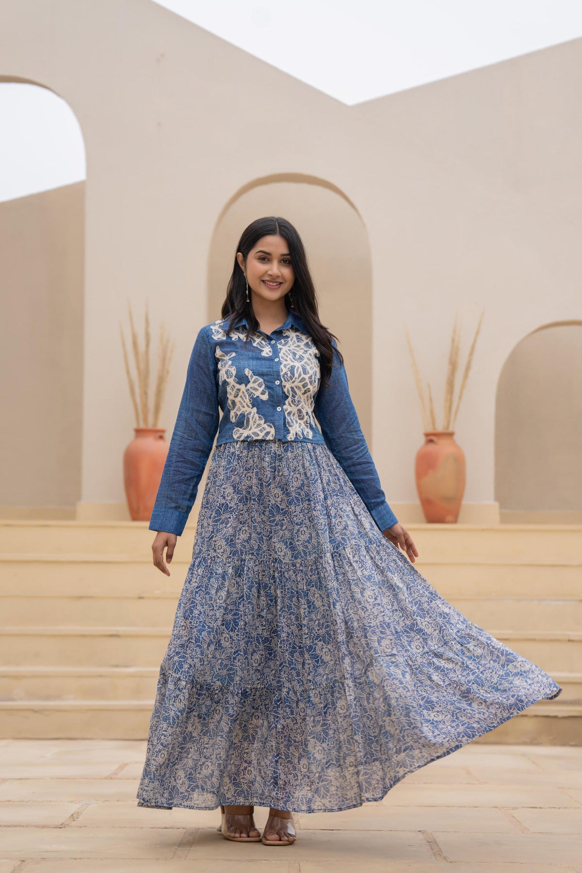 Juniper Indigo Blue Shirt-Style Dress with Off White Embroidery & Tiered Floral Maxi Skirt | Grocsy