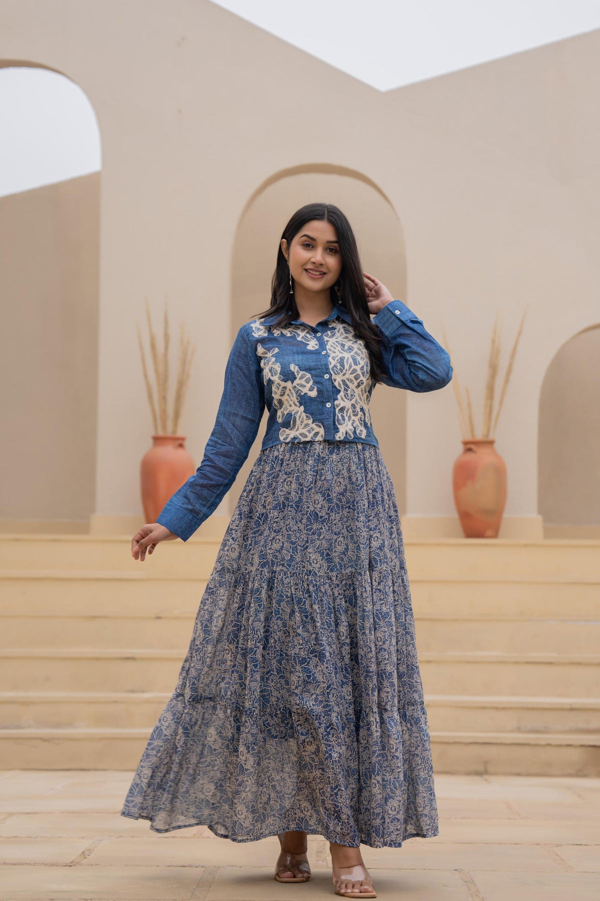 Juniper Indigo Blue Shirt-Style Dress with Off White Embroidery & Tiered Floral Maxi Skirt | Grocsy
