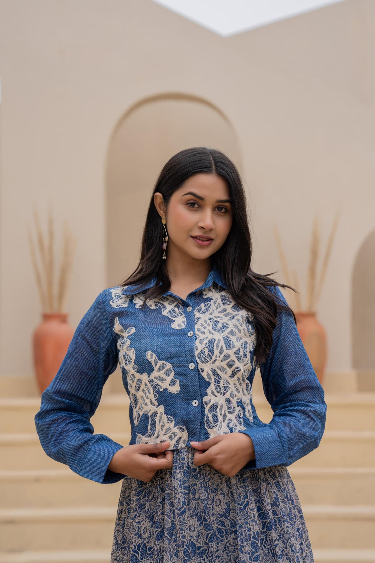 Juniper Indigo Blue Shirt-Style Dress with Off White Embroidery & Tiered Floral Maxi Skirt | Grocsy