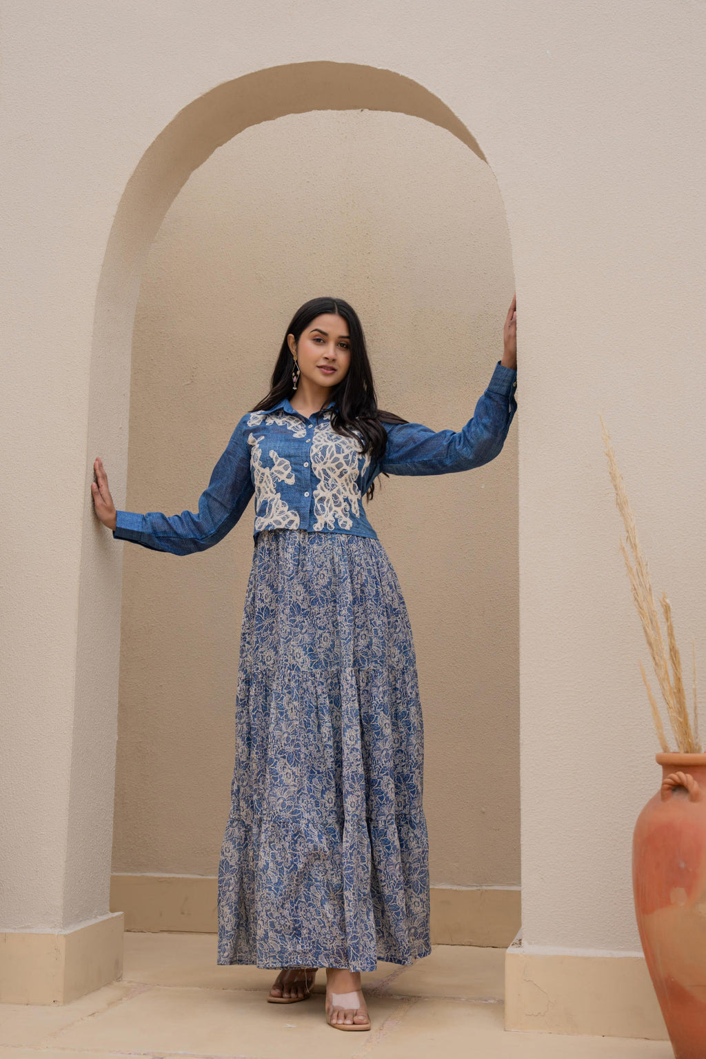 Juniper Indigo Blue Shirt-Style Dress with Off White Embroidery & Tiered Floral Maxi Skirt | Grocsy