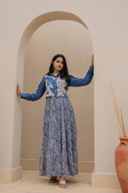 Juniper Indigo Blue Shirt-Style Dress with Off White Embroidery & Tiered Floral Maxi Skirt | Grocsy