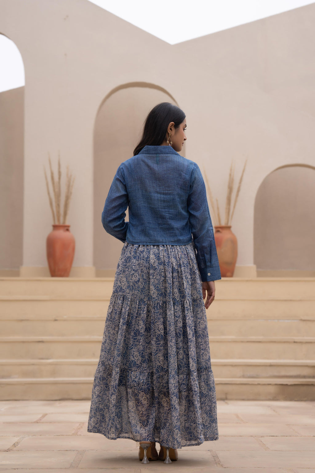 Juniper Indigo Blue Shirt-Style Dress with Off White Embroidery & Tiered Floral Maxi Skirt | Grocsy