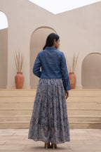Juniper Indigo Blue Shirt-Style Dress with Off White Embroidery & Tiered Floral Maxi Skirt | Grocsy