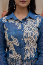 Juniper Indigo Blue Shirt-Style Dress with Off White Embroidery & Tiered Floral Maxi Skirt | Grocsy