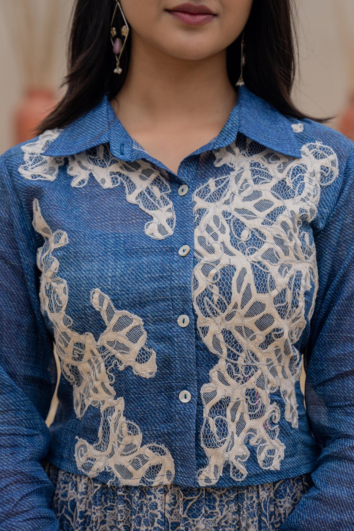 Juniper Indigo Blue Shirt-Style Dress with Off White Embroidery & Tiered Floral Maxi Skirt | Grocsy
