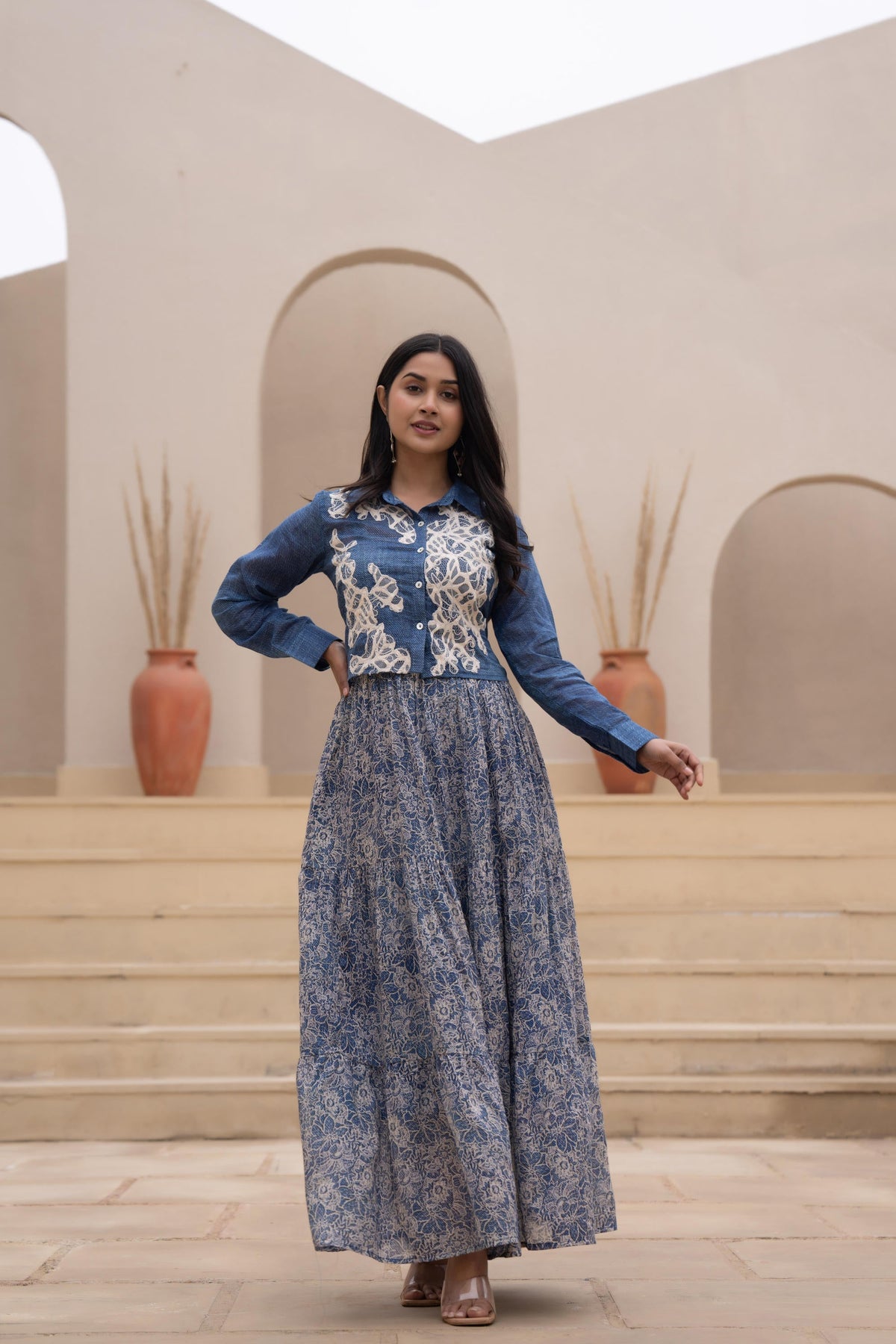 Juniper Indigo Blue Shirt-Style Dress with Off White Embroidery & Tiered Floral Maxi Skirt | Grocsy