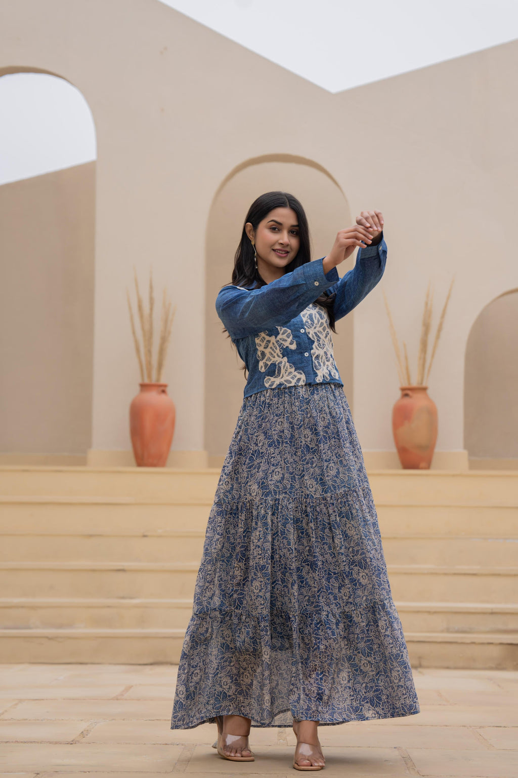 Juniper Indigo Blue Shirt-Style Dress with Off White Embroidery & Tiered Floral Maxi Skirt | Grocsy