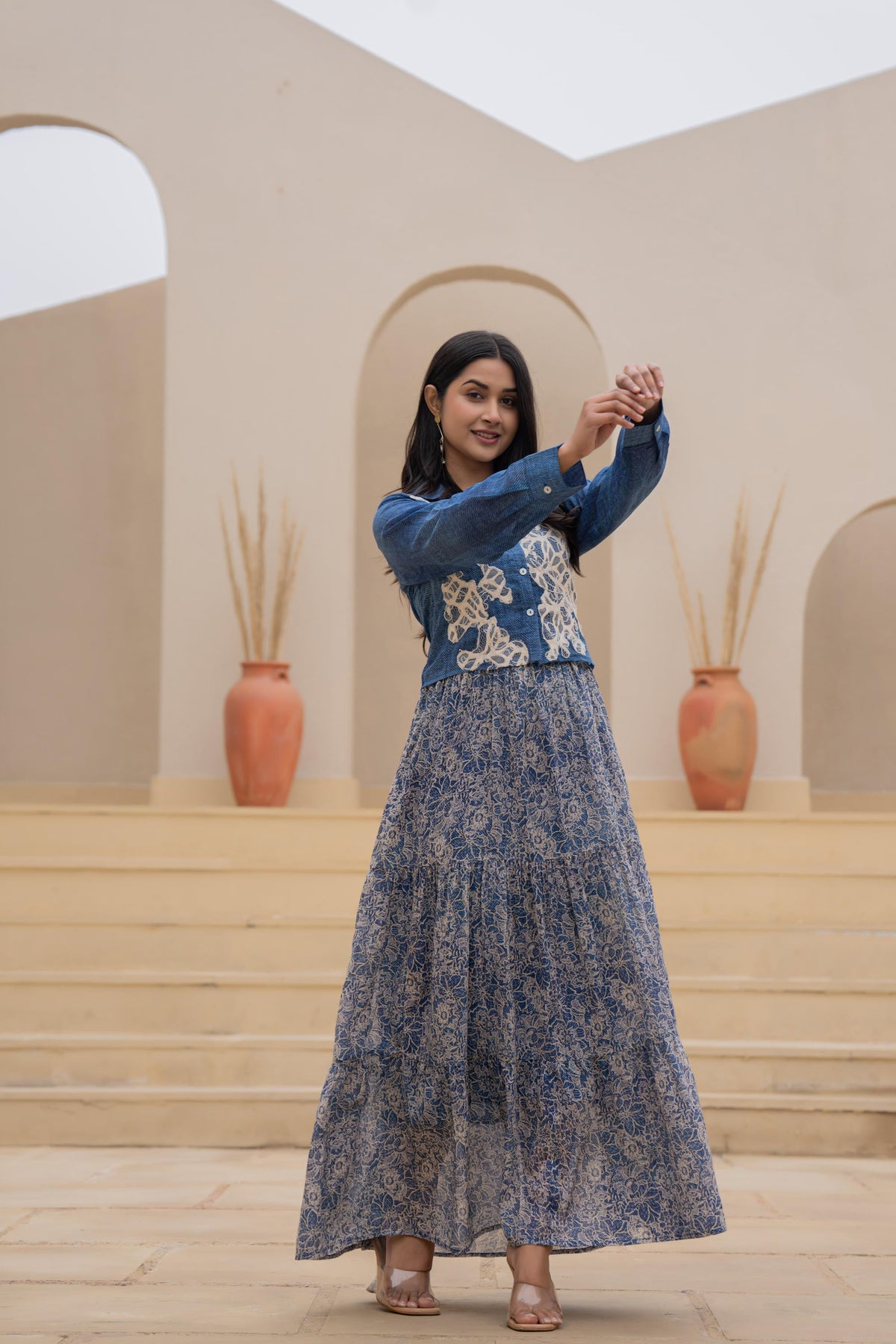Juniper Indigo Blue Shirt-Style Dress with Off White Embroidery & Tiered Floral Maxi Skirt | Grocsy