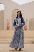 Juniper Indigo Blue Shirt-Style Dress with Off White Embroidery & Tiered Floral Maxi Skirt | Grocsy
