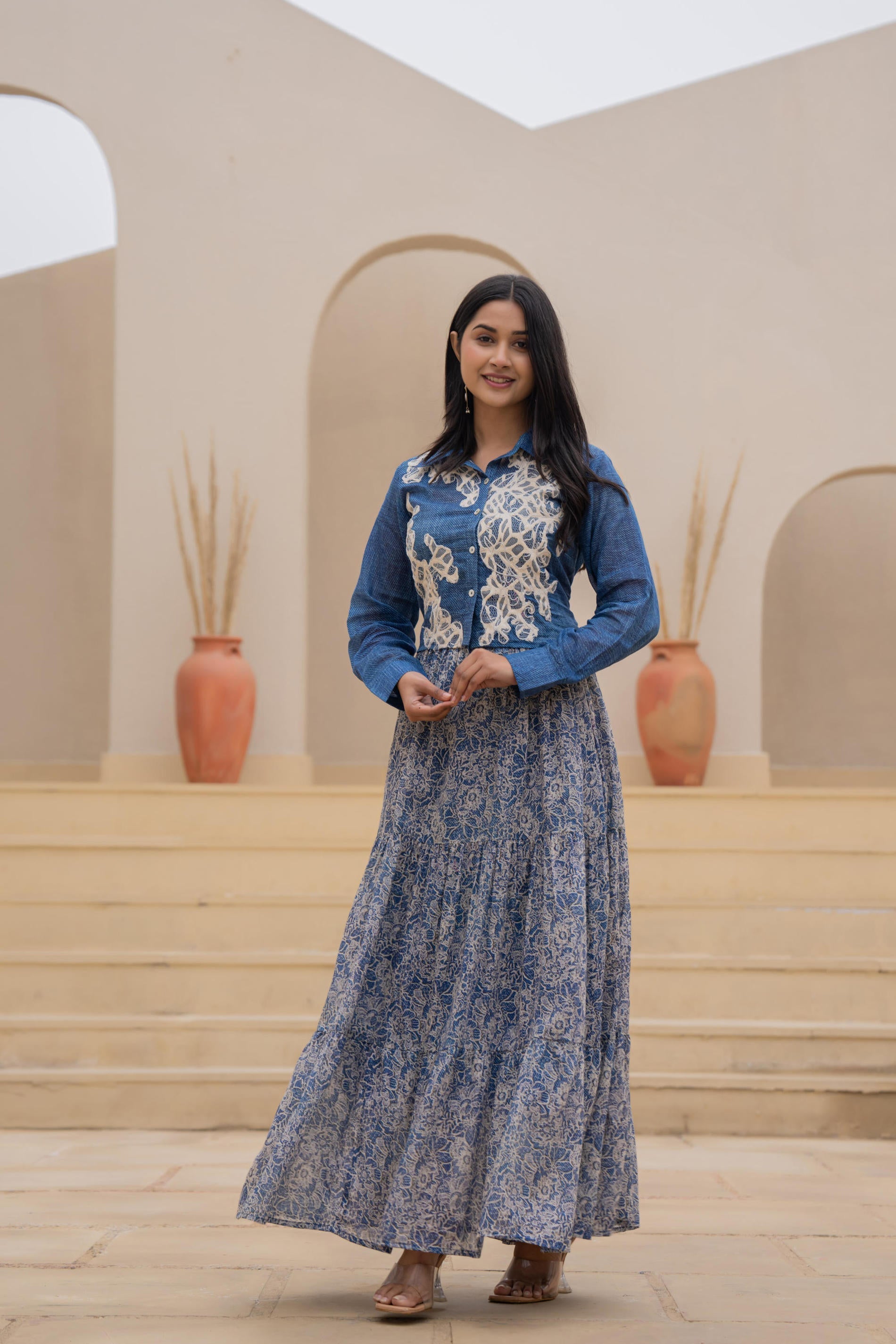 Juniper Indigo Blue Shirt-Style Dress with Off White Embroidery & Tiered Floral Maxi Skirt | Grocsy