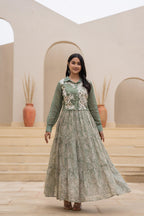 Juniper Green Shirt-Style Dress with Off White Embroidery & Tiered Floral Maxi Skirt | Grocsy