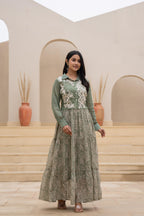 Juniper Green Shirt-Style Dress with Off White Embroidery & Tiered Floral Maxi Skirt | Grocsy