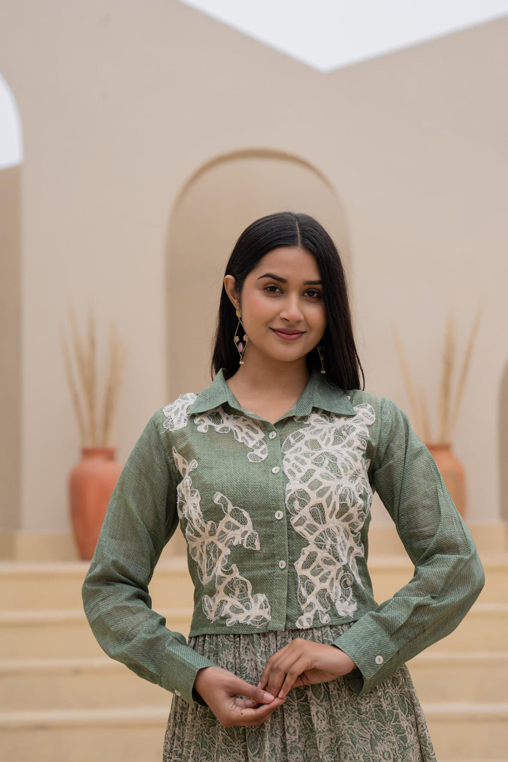 Juniper Green Shirt-Style Dress with Off White Embroidery & Tiered Floral Maxi Skirt | Grocsy