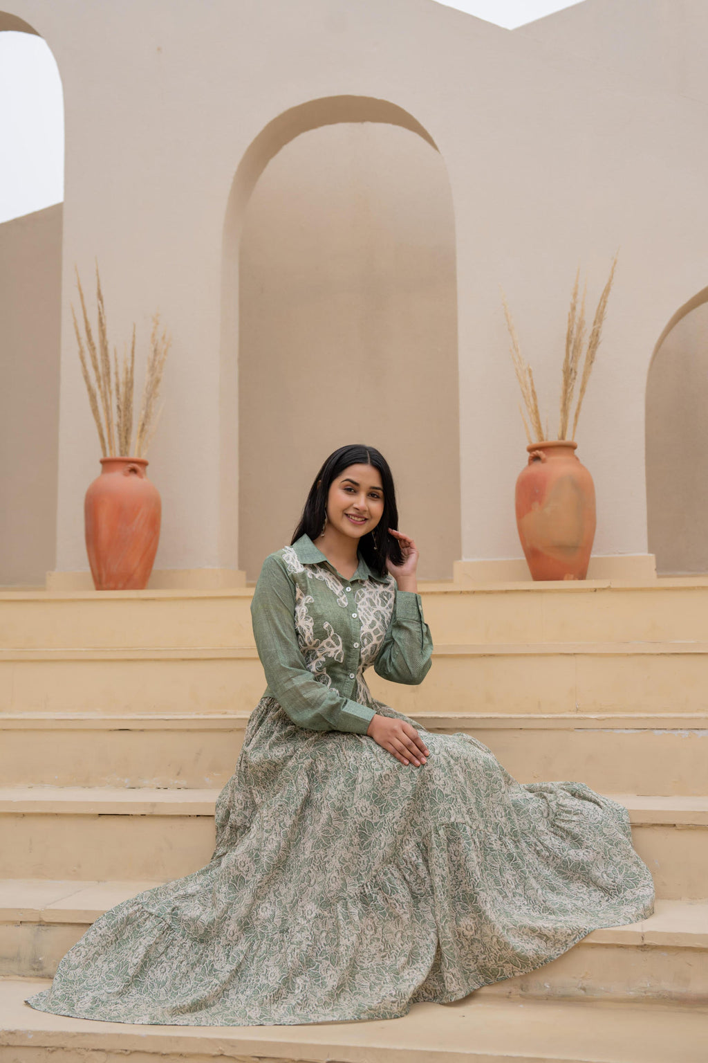 Juniper Green Shirt-Style Dress with Off White Embroidery & Tiered Floral Maxi Skirt | Grocsy