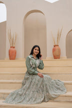 Juniper Green Shirt-Style Dress with Off White Embroidery & Tiered Floral Maxi Skirt | Grocsy