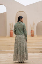 Juniper Green Shirt-Style Dress with Off White Embroidery & Tiered Floral Maxi Skirt | Grocsy