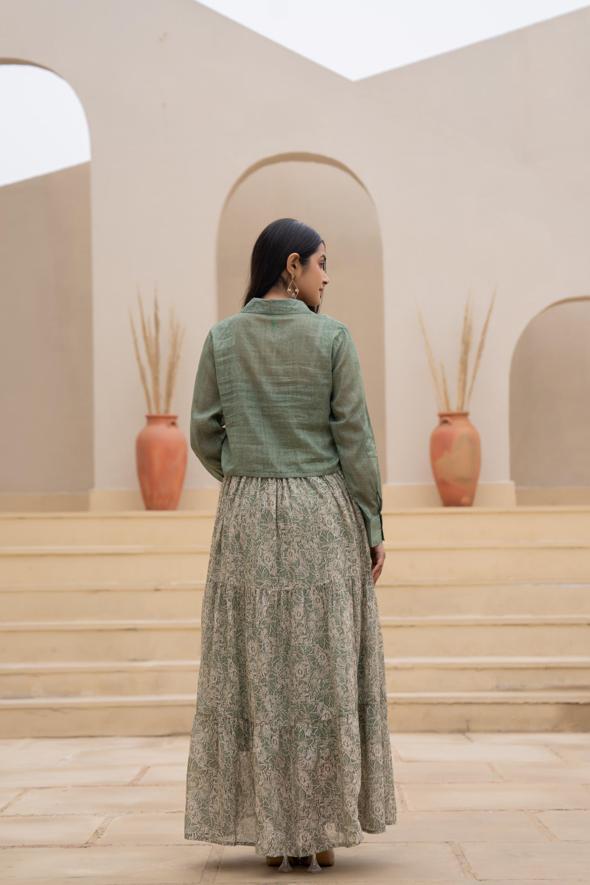 Juniper Green Shirt-Style Dress with Off White Embroidery & Tiered Floral Maxi Skirt | Grocsy