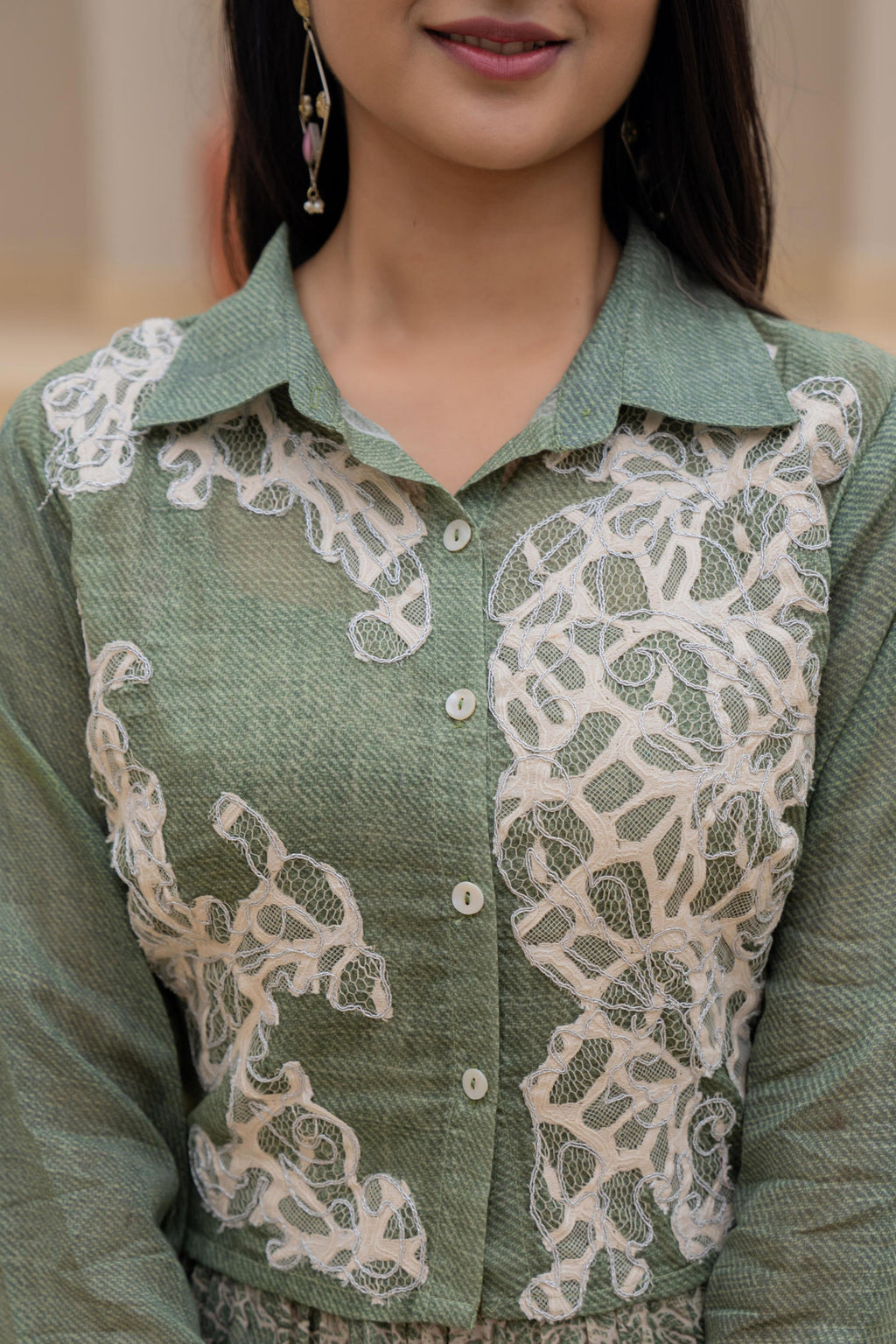 Juniper Green Shirt-Style Dress with Off White Embroidery & Tiered Floral Maxi Skirt | Grocsy