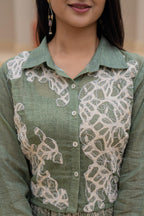 Juniper Green Shirt-Style Dress with Off White Embroidery & Tiered Floral Maxi Skirt | Grocsy