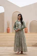 Juniper Green Shirt-Style Dress with Off White Embroidery & Tiered Floral Maxi Skirt | Grocsy