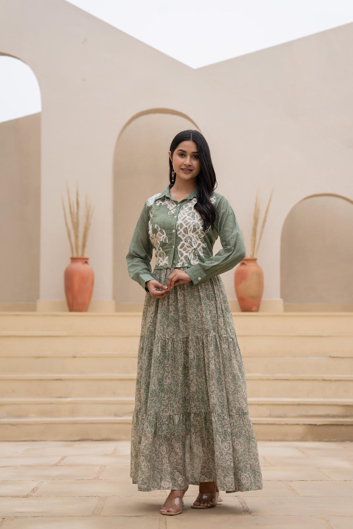 Juniper Green Shirt-Style Dress with Off White Embroidery & Tiered Floral Maxi Skirt | Grocsy